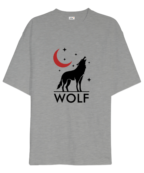 Tisho - Yalnız Uluyan Kurt ve Hilal - Wolf Gri Oversize Unisex Tişört