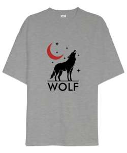 Yalnız Uluyan Kurt ve Hilal - Wolf Gri Oversize Unisex Tişört