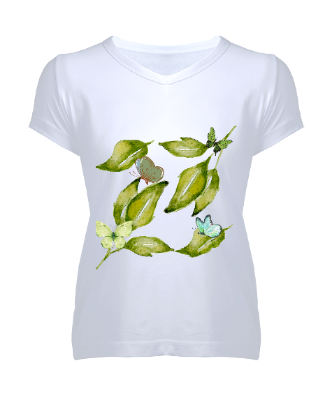 Tisho - Yaprak Beyaz Kadın V Yaka Tişört
