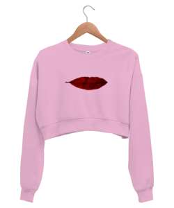 Yaprak Dudak - Leaf Lip Pembe Kadın Crop Sweatshirt