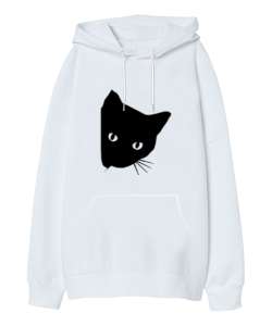 Yaramaz Kedi Beyaz Oversize Unisex Kapüşonlu Sweatshirt