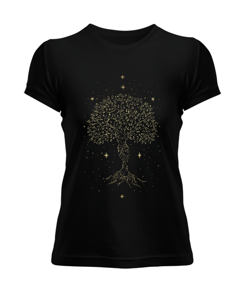 Yaşam Ağacı - Tree of Life with Stars Mother Earth Baskılı Siyah Kadın Tişört