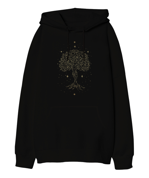 Yaşam Ağacı - Tree of Life with Stars Mother Earth Baskılı Siyah Oversize Unisex Kapüşonlu Sweatshirt