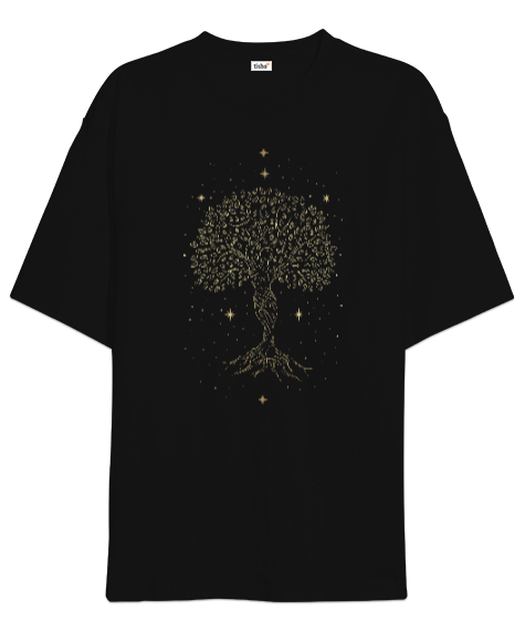 Yaşam Ağacı - Tree of Life with Stars Mother Earth Baskılı Siyah Oversize Unisex Tişört