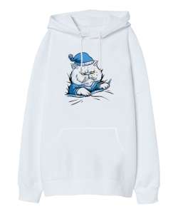 Yatakta Uykucu Kedi Beyaz Oversize Unisex Kapüşonlu Sweatshirt