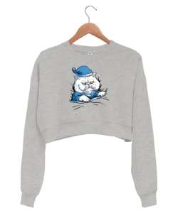 Yatakta Uykucu Kedi Gri Kadın Crop Sweatshirt