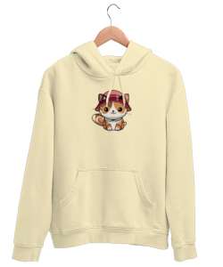 Yavru Kedi Resimli Krem Unisex Kapşonlu Sweatshirt