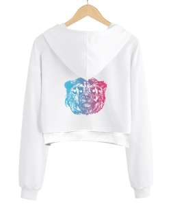 yazılı ayıcıklı Beyaz Kadın Crop Hoodie Kapüşonlu Sweatshirt