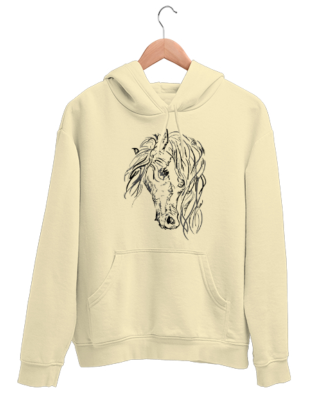 Tisho - Yeleli At Baskılı Krem Unisex Kapşonlu Sweatshirt