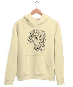 Yeleli At Baskılı Krem Unisex Kapşonlu Sweatshirt