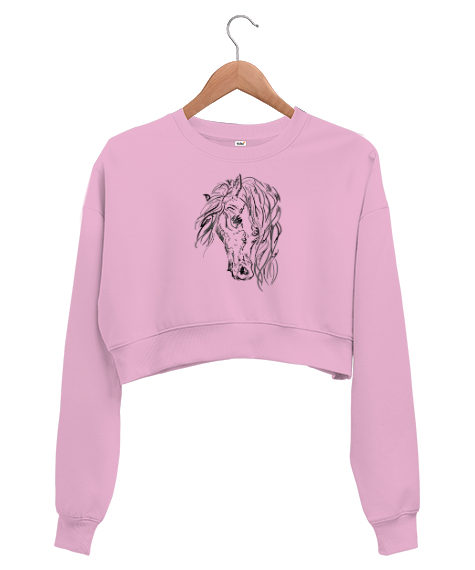 Tisho - Yeleli At Baskılı Pembe Kadın Crop Sweatshirt