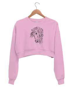 Yeleli At Baskılı Pembe Kadın Crop Sweatshirt