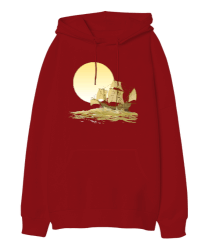 Yelkenli Kırmızı Oversize Unisex Kapüşonlu Sweatshirt