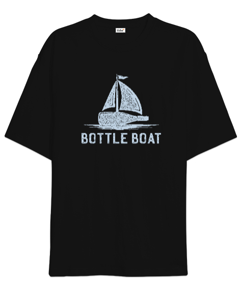 Tisho - Yelkenli Şişe - Bottle Boat Siyah Oversize Unisex Tişört