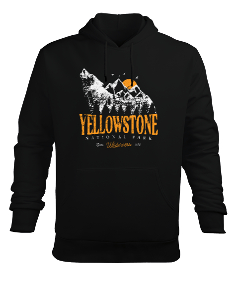 Yellowstone National Park Wolf Mountains Vintage Baskılı Siyah Erkek Kapüşonlu Hoodie Sweatshirt