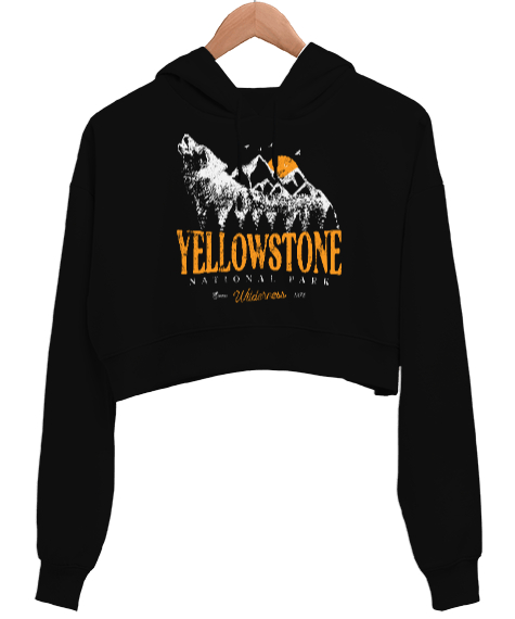 Yellowstone National Park Wolf Mountains Vintage Baskılı Siyah Kadın Crop Hoodie Kapüşonlu Sweatshirt