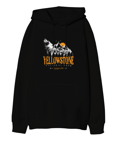 Yellowstone National Park Wolf Mountains Vintage Baskılı Siyah Oversize Unisex Kapüşonlu Sweatshirt