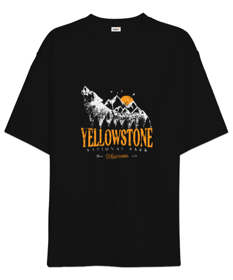 Yellowstone National Park Wolf Mountains Vintage Baskılı Siyah Oversize Unisex Tişört