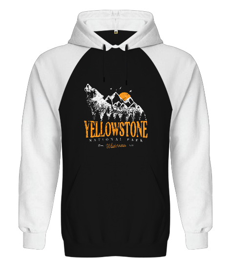 Yellowstone National Park Wolf Mountains Vintage Baskılı Siyah/Beyaz Orjinal Reglan Hoodie Unisex Sweatshirt