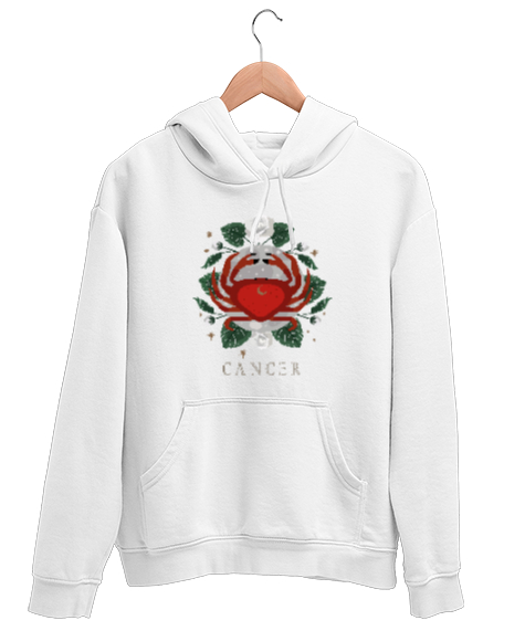 Tisho - YENGEÇ BURCU Beyaz Unisex Kapşonlu Sweatshirt