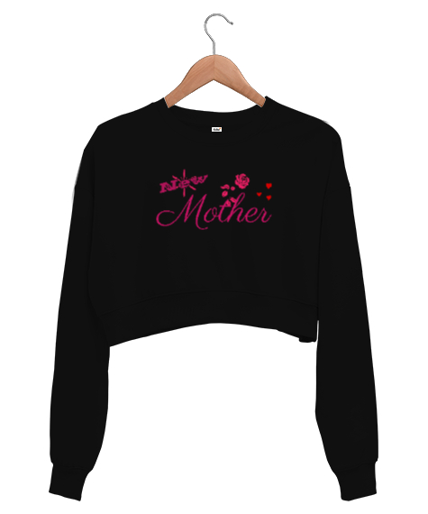 Tisho - Yeni Anne - New Mother - Gül Ve Kalpler Siyah Kadın Crop Sweatshirt