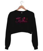 Yeni Anne - New Mother - Gül Ve Kalpler Siyah Kadın Crop Sweatshirt - Thumbnail