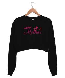 Yeni Anne - New Mother - Gül Ve Kalpler Siyah Kadın Crop Sweatshirt