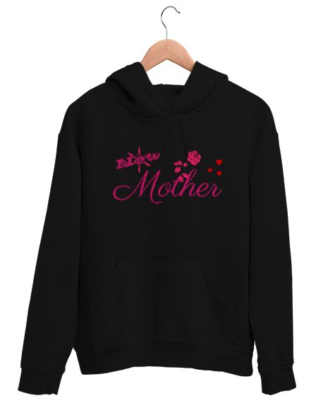 Tisho - Yeni Anne - New Mother - Gül Ve Kalpler Siyah Unisex Kapşonlu Sweatshirt