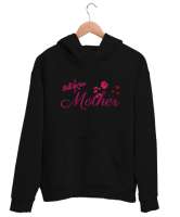 Yeni Anne - New Mother - Gül Ve Kalpler Siyah Unisex Kapşonlu Sweatshirt - Thumbnail