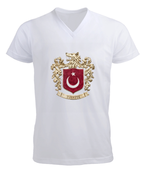 Tisho - Yeni Bozkurt Armalı Milli Arma Türkiye Beyaz Erkek Kısa Kol V Yaka Tişört
