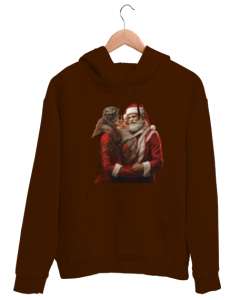 Yeni yıl Noel baba ve Noel anne yılbaşı temalı Kahverengi Unisex Kapşonlu Sweatshirt