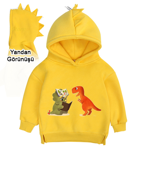 Tisho - Yeşil ve turuncu dinozor baskili Sarı Çocuk Dinozor Kapşonlu Hoodie