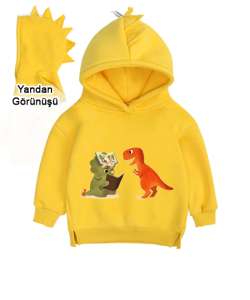 Yeşil ve turuncu dinozor baskili Sarı Çocuk Dinozor Kapşonlu Hoodie