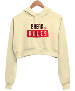 Yık Kuralları - Kuralsız Krem Kadın Crop Hoodie Kapüşonlu Sweatshirt