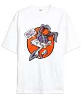 Yıkık Bugs Bunny Beyaz Oversize Unisex Tişört - Thumbnail