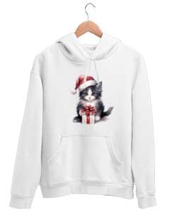 Yılbaşı Kedi 3 Beyaz Unisex Kapşonlu Sweatshirt