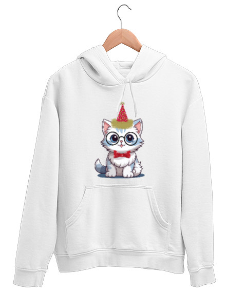 Tisho - Yılbaşi kedisi Beyaz Unisex Kapşonlu Sweatshirt