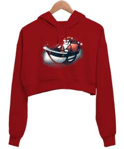 Yılbaşı Noel Baba Kırmızı Kadın Crop Hoodie Kapüşonlu Sweatshirt