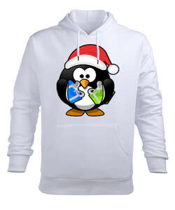 Yılbaşı penguen tasarımlı Beyaz Erkek Kapüşonlu Hoodie Sweatshirt