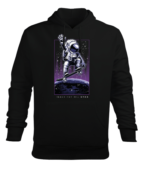 Yıldızlara Ulaş - Reach for the Stars Astronaut Baskılı Siyah Erkek Kapüşonlu Hoodie Sweatshirt