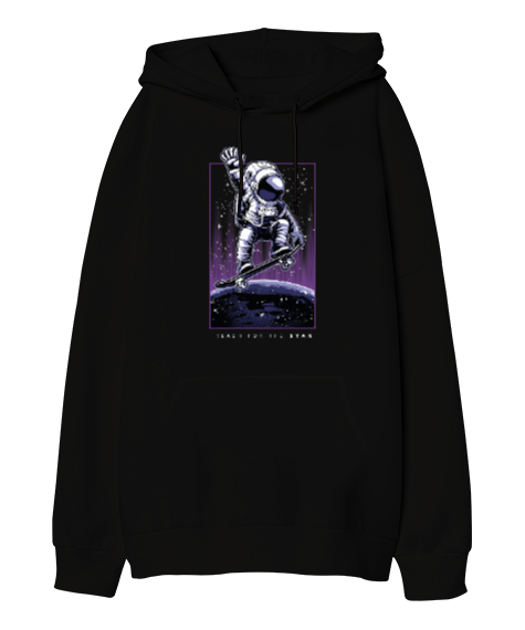 Yıldızlara Ulaş - Reach for the Stars Astronaut Baskılı Siyah Oversize Unisex Kapüşonlu Sweatshirt