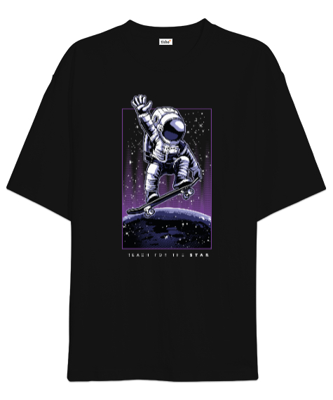 Yıldızlara Ulaş - Reach for the Stars Astronaut Baskılı Siyah Oversize Unisex Tişört