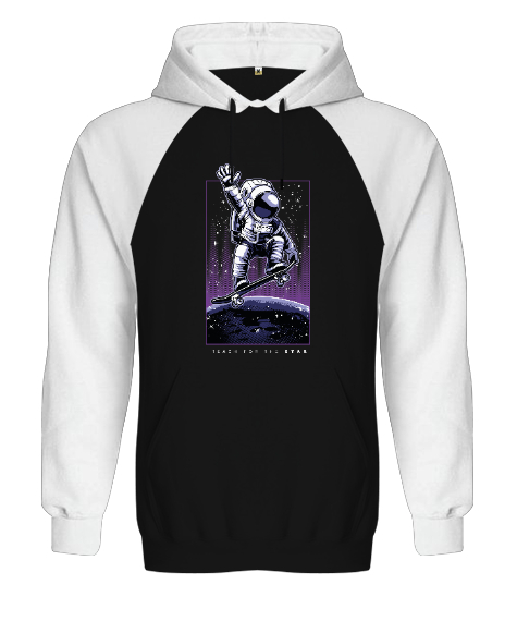 Yıldızlara Ulaş - Reach for the Stars Astronaut Baskılı Siyah/Beyaz Orjinal Reglan Hoodie Unisex Sweatshirt