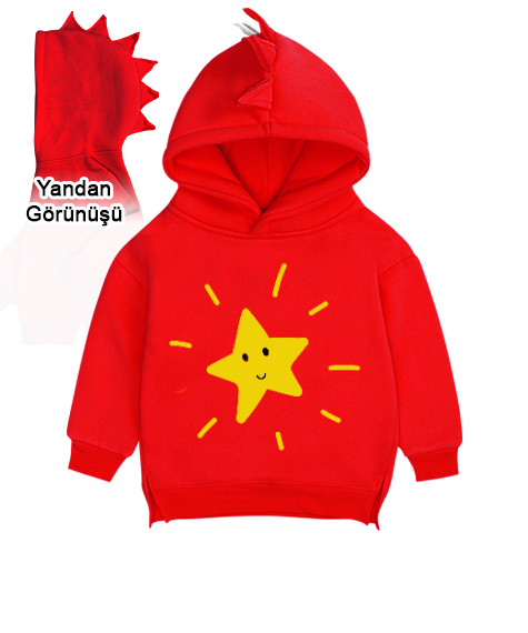 Tisho - Yıldızlı Kırmızı Çocuk Dinozor Kapşonlu Hoodie