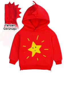 Yıldızlı Kırmızı Çocuk Dinozor Kapşonlu Hoodie