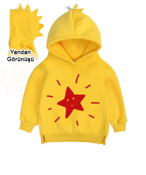 Tisho - Yıldızlı Sarı Çocuk Dinozor Kapşonlu Hoodie