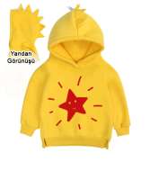 Yıldızlı Sarı Çocuk Dinozor Kapşonlu Hoodie - Thumbnail