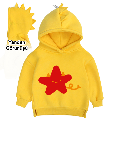 Tisho - Yıldızlı Sarı Çocuk Dinozor Kapşonlu Hoodie