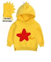 Yıldızlı Sarı Çocuk Dinozor Kapşonlu Hoodie - Thumbnail