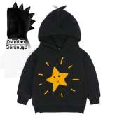 Yıldızlı Siyah Çocuk Dinozor Kapşonlu Hoodie - Thumbnail